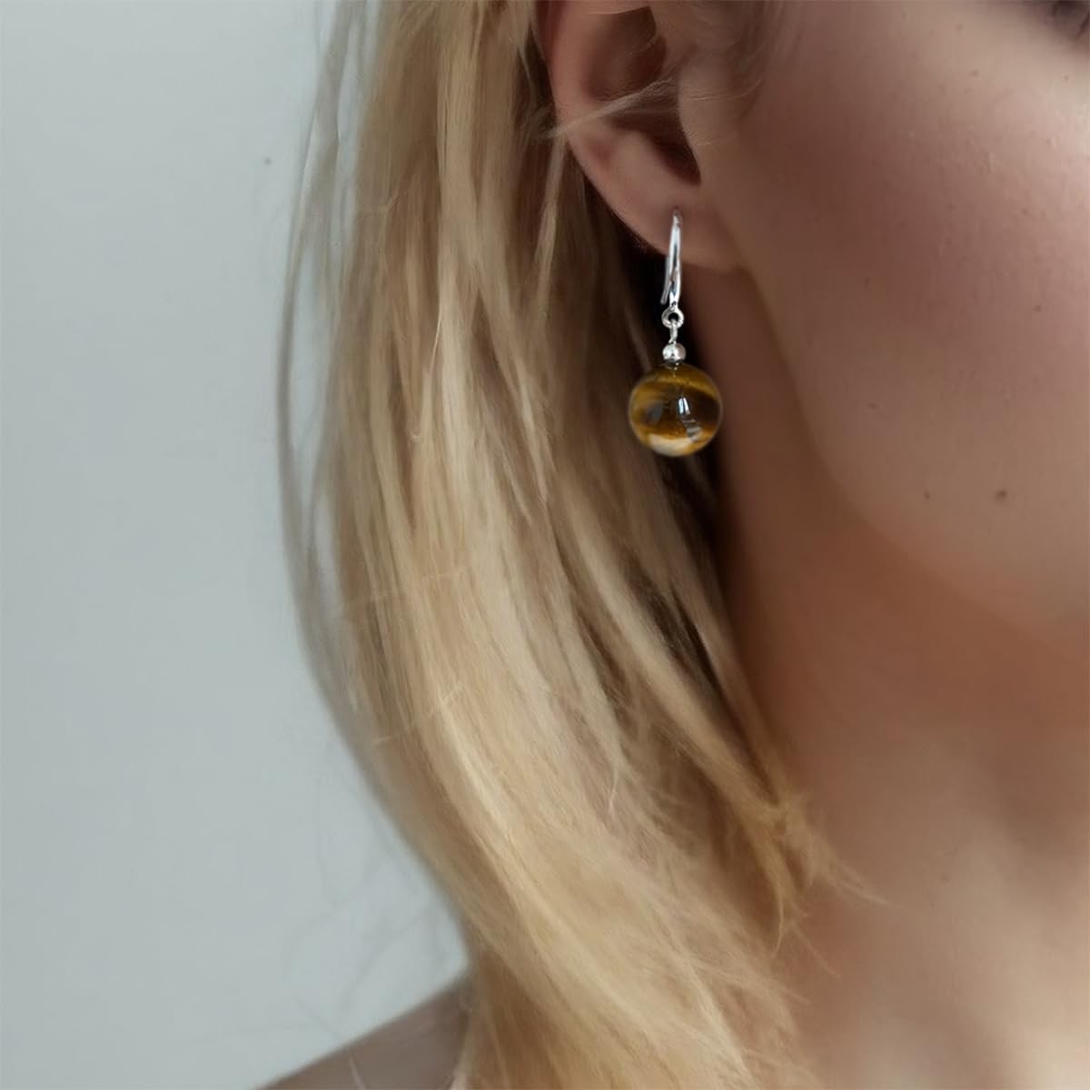 925 Sterling Silver with Natural Tiger’s Eye Stone 12mm Round Beads Hoop Earrings for Women Dangle Hypoallergenic Jewelry Gifts for Her