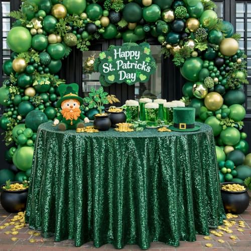 Image of B-COOL Round Sequin Tablecloth Party Decor: 120 Inch Table Cloth Emerald Green Glitter Fabric Overlay for Indoor Outdoor Dining Parties Home St. Patrick's Day