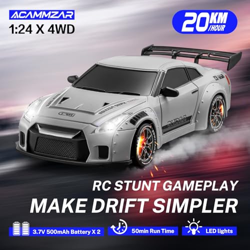 Image of ACAMMZAR RC Drift Car, 1:24 Remote Control Car for Kids, 20KM /H 4WD High Speed RC Cars with LED Lights, Two Batteries, Extra Drifting Tires, Vehicle for Adults Boys Girls