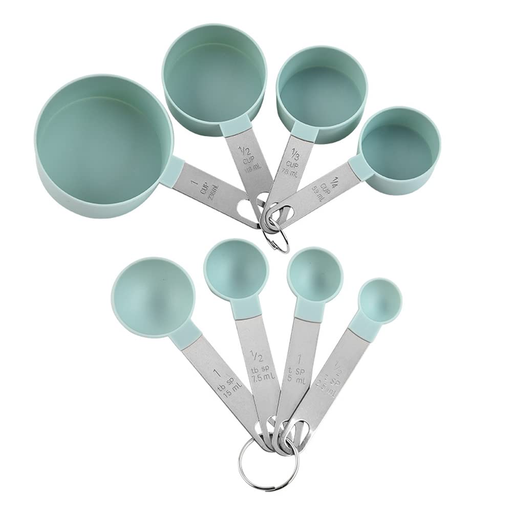 FUYTERY 8pcs Measuring Cups and Spoons Set Stainless Steel Stackable Kitchen Tool (green)