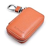 Buffway Car Keychain,Genuine Leather Car Key Chain Coin Holder Metal Hook and Keyring Wallet Zipper Bag for Vehicle Keyless Entry - Brown