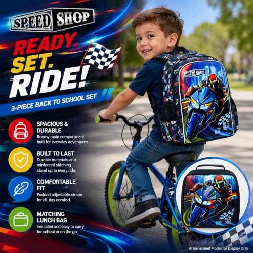 Image of 16 inch Cars Backpack for Boys, 3Pcs Kids Bookbag with Lunch Box, Motorcycle School Backpacks Set for Elementary Preschool Kindergarten(Black)