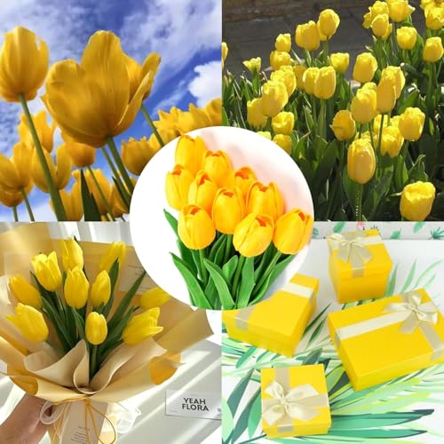 Image of Garden Art Artificial Tulip Flowers (Pack of 5) | Real Touch Silicone Single Stem Tulips for Home Decor, Living Room, Office, Vase & Wedding Decoration GAASTFB-1H-33Y (Yellow)