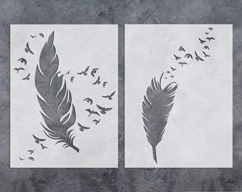 GSS Designs Feathers Wall Art Stencil Pack of 2 - Reusable Stencils(12x16inch) - Feather Birds Painting Template for Floor, Wall, Tile, Fabric, Wood(SL-068)