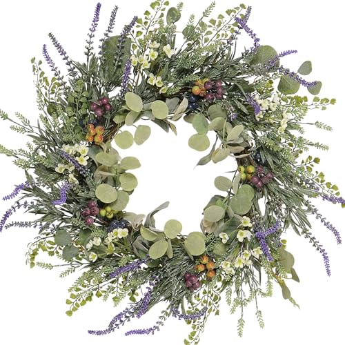 Pudate 22 Inch Lavender Eucalyptus Wreath for Front Door Decor UV Resistant Spring Artificial Floral Waterproof Summer Porch Display & Everyday Farmhouse Wreath