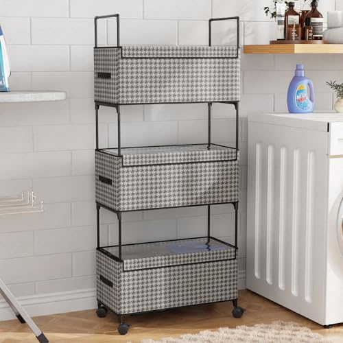 Image of Lukzer 3-Tier Clothes Organizer Basket with Wheels | Fabric Closet Storage Rack for Folded Clothes | Metal Rolling Wardrobe Shelf for Bedroom Closet & Laundry Room (Black & White /28x57x136 cm)