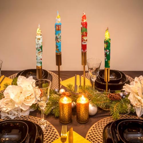 Image of Christmas Candlesticks Flameless Taper Candle,Gedengni 4pcs Red LED Tapered Candles Remote Dipped Candle 6inch Green Battery Chandelier for Enchanting Weddings and Harry Potter Inspired Vigils(CHMAS)