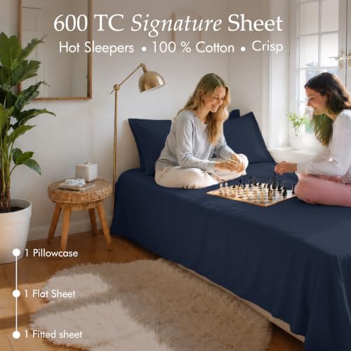 Image of Threadmill 100% Cotton Sheets for Twin Size Bed - 600 Thread Count Twin Bed Sheets Set with 15 inch Deep Pocket - Sateen Weave 3-Piece Bedding Set with Cooling Effect, Folkstone Blue