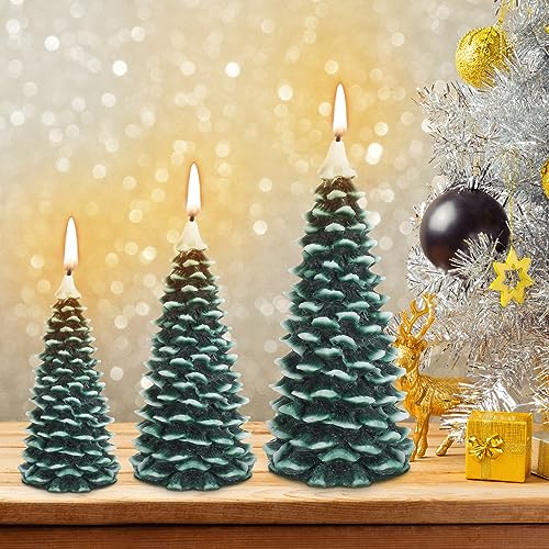 MTLEE 3 Pcs Christmas Tree Shape Candle Set Wax Realistic Tree Shaped Candle Christmas Relaxation Candles Gift for Xmas Party Holiday New Year Decoration (Mixed Sizes)