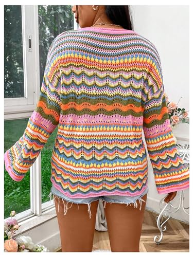 Women's Plus Size Striped Crochet Sweater Long Bell Sleeve Hollow Out Lightweight Sweater Loose Pullover Knit Top2