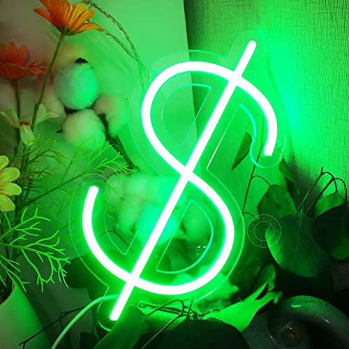 Image of SYLHOME Dollar $ LED Neon Light Sign Money Home Bedroom Game Room Business Pub Store Bar Shop Office Wall Decor Sign Birthday Decor 5V USB Green 11.81 inch X 6.3 inch
