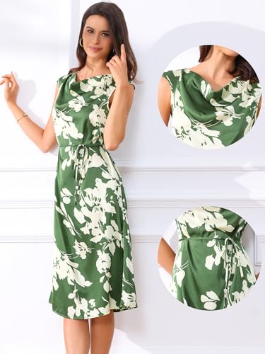 Image of Allegra K Elegant Floral Dress for Women's Vintage Cowl Neck Cap Sleeve Cocktail Tie Waist Shift Midi Dress