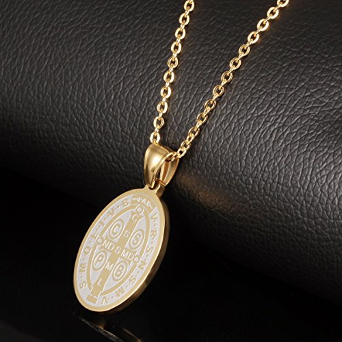 LBFEEL Stainless Steel Saint Benedict Medal Gold Catholic Saint Medals Pendant Necklace for Men Women with a Gift Box4
