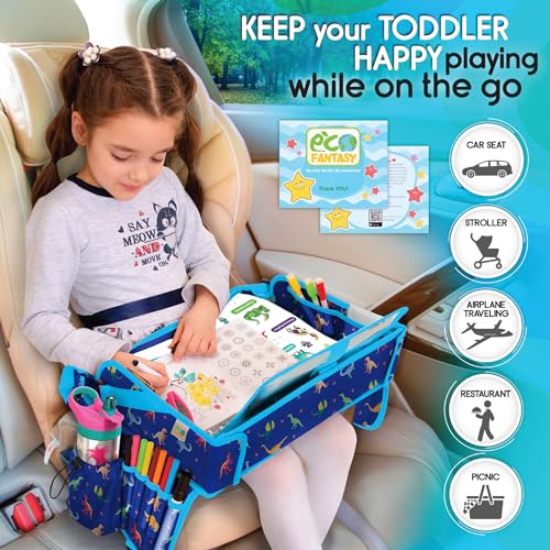 Image of Kids Travel Tray - Waterproof Car Table with No-Drop Large Tablet Holder - Car Seat Tray - Road Trip Must Haves - Lap Desk Kids Organizer for Airplane - Toddler Travel Activities (Blue)