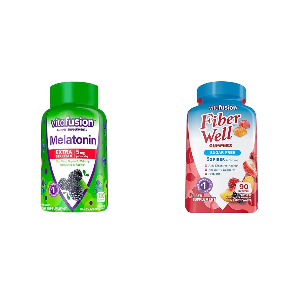 VitafusionExtra Strength Melatonin Gummy Vitamins, 5mg, 120 ct Gummies & Fiber Well Sugar Free Fiber Supplement, Peach, Strawberry and BlackBerry Flavored Supplements, 90 Count