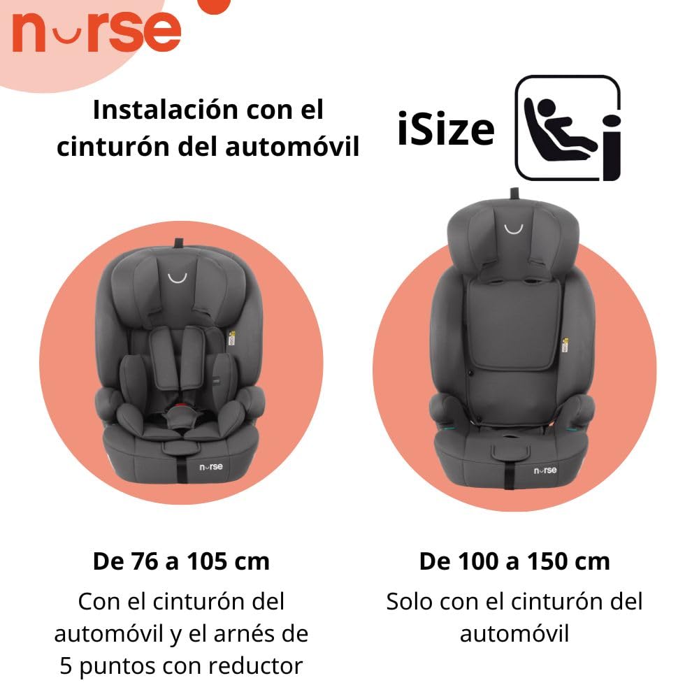 Nurse by Jané Grip Silla de Coche iSize 76–150 cm, 2–12 Años, Sin Isofix, Instalación con Cinturón, 9 Posiciones, Grupo 1 2 3, Gris (Storm)