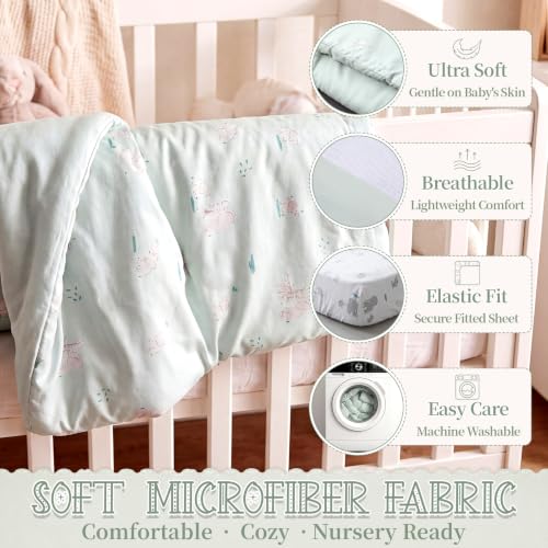 Image of Hahafelt 4 Pieces Crib Bedding Set for Girls and Boys, Soft Baby Bedding Set Including Crib Skirt, Comforter, Sheet and Diaper Stacker for Nursery(Elephant Theme)