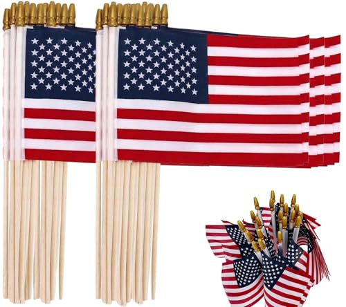 12 Packs 8x12 Inch Small American Flags on Stick USA Wood Stick Flags with Kid-safe Spear Top American Flags on Stick 8x12 for Memorial Day 4th of July Decorations Veterans Patriotic Parades