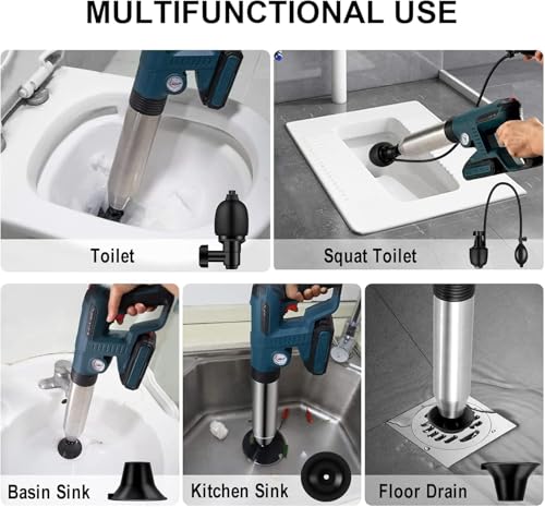 Elektrischer Abflussstrahler, schnurloses Hochdruck-Luftkolbenwerkzeug mit 4 Adaptern, tragbarer wiederaufladbarer Entsperrer für Waschbecken, Dusche, Toilette und Rohrreinigung
