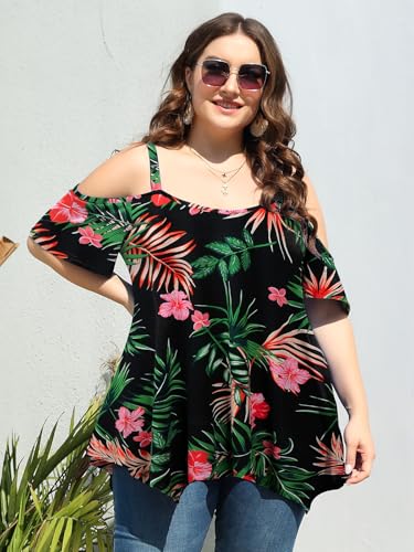 Image of LARACE Cold Shoulder Tops for Womens Summer Clothes Spaghetti Strape Tunic Oversized Shirts Asymmetrical Plus Size Blouse