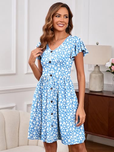 Image of Heymoments Women's Ruffle Sleeve V Neck Swing Sundress Summer Casual A-Line Midi Dress with Pockets S-2XL
