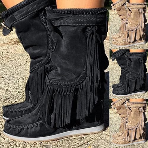 Fringe Knee High Boots for Women Winter Faux Suede Round Toe Warm Flat Cowgirl Booties Vintage Mid Calf Riding Boot3
