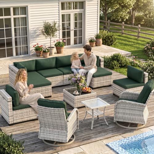 Image of Outdoor PE Wicker Rattan Modular Patio Sectional Sofa Set | 12-Piece: 6 Modular Seats, Coffee Table, 2 Swivel Rocking Chairs, Side Table & 2 Ottomans, Dark Green