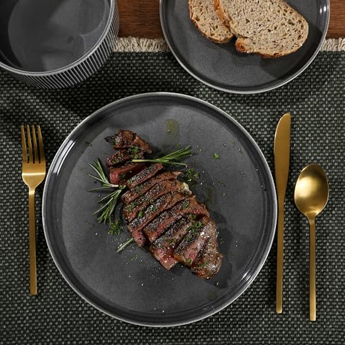 Image of Gibson Elite Solana Coast 12 Piece Stoneware Reactive Glaze (Service for 4) Ceramic Plates and Bowls Modern Shape Embossed Dinnerware Set - Black