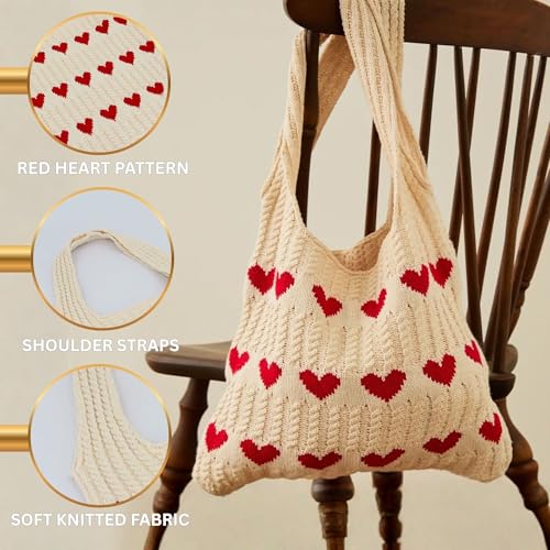 Image of Cotton Knitted Heart Pattern Tote Bag for Women - Large, Stylish & Durable Black Shoulder Handbag for Everyday Use, Travel, Shopping, Work & Beach (Pack of 1)