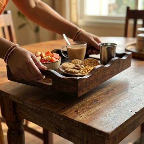 Image of Wooden Rectangular Serving Tray for Home & Kitchen - 13 x 9 Inch Antique Finish Breakfast, Tea & Snacks Tray with Handles for Dining Table, Coffee Table & Serving Guests