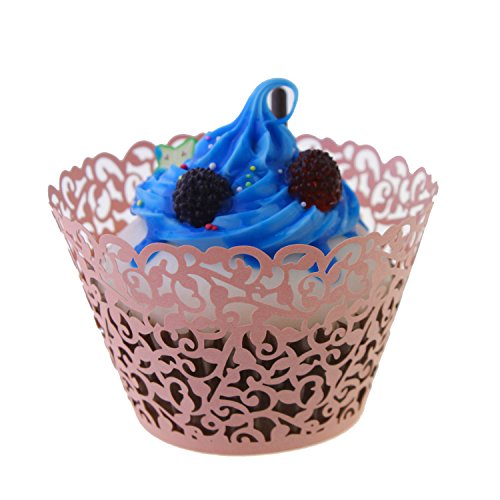UNIQLED Filigree Artistic Bake Cake Paper Cups Little Vine Lace Laser Cut Liner Cupcake Wrappers Baking Cup Muffin Holder Case for Wedding Birthday Party Decoration (60, Pink)