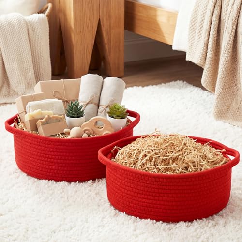 Image of Colingmill Woven Basket with Gift Bags and 2 Ribbons, Raffia Grass Paper Shred Filler, Gift Card, Empty Small Rope Basket for Storage Presents Toy Organizer(Red,12 * 8 Inch)