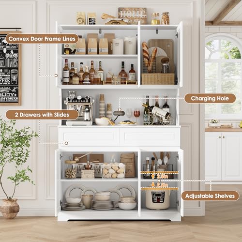 Image of FACBOTALL 74 inch Pantry Cabinet, Tall Kitchen Pantry Cabinet with 6 Doors and 2 Drawers, Kitchen Hutch with Wide Countertop, Modern Kitchens Cupboard with Adjustable Shelves and Charge Holes, White