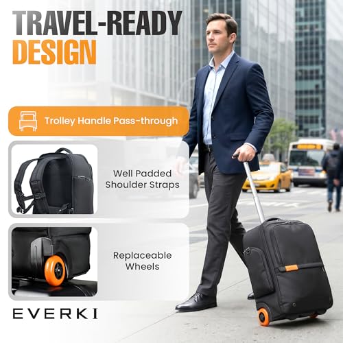 Image of EVERKI 123 Wheeled 32L Laptop Backpack - Rolling Backpack for Men & Women - Carry-On Travel Roller Backpack for Laptops - Fits 15.6 to 16 Inches with Replaceable Wheels for Business & Work - Black