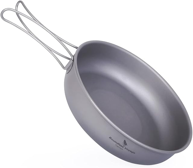 iBasingo Camping Titanium Frying Pan Saucepan Cooking Kit Outdoor Cookware Portable Dish Plate Lightweight Griddle with Foldable Handle Travel Picnic Tableware Hiking Backpacking Skillet Ti2063C