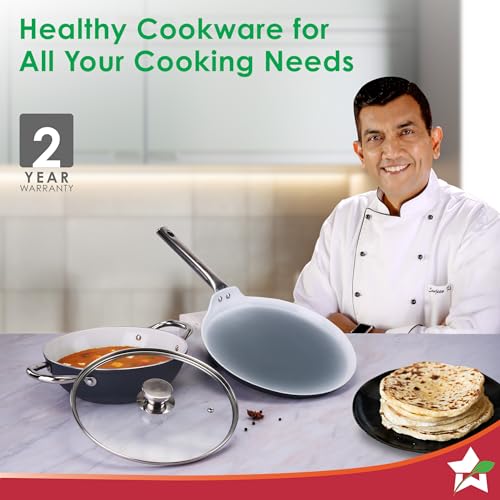 Image of Wonderchef Eco-Glide Ceramic Cookware Set, Kadhai & Glass Lid-24cm, Dosa Tawa-28cm, Non-Toxic, Chemical & PFOA Free, Stainless-Steel Handle, Gas /Induction Compatible, Low Oil Cooking, 2-Year Warranty