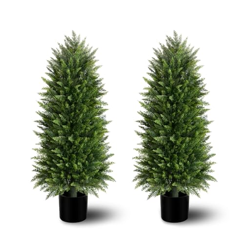 3FT Artificial Cedar Topiary Trees (2 Pack) - UV Resistant Fake Evergreen Shrubs with Extra Dense Foliage, Realistic Potted Faux Plants for Front Porch & Garden Decor