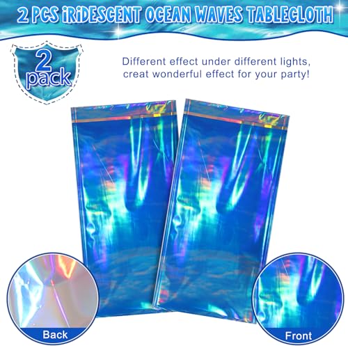 Image of Hallswl 2Pcs 54 x 108 Inch Iridescent Ocean Waves Plastic Tablecloths | Disposable Blue Table Cloth Rectangle Table Covers for Under the Sea Beach Pool Party Birthday Party Decorations