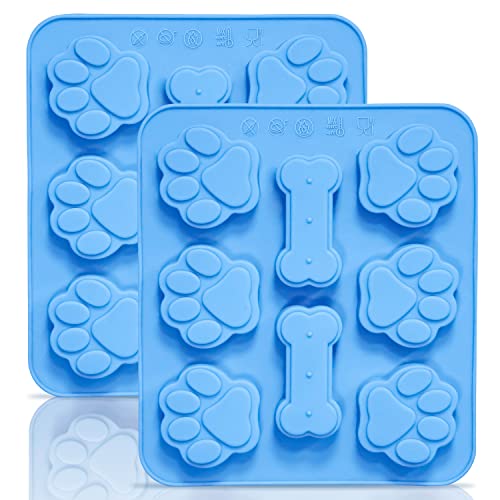 Anaeat 2 Pack Silicone Molds with Puppy Dog Paw and Bone Shaped 2 in 1 Reusable Non-Stick Ice Cube Trays & Flexible Candy Chocolate Molds for Homemade Dog Treats Pudding & Baking Biscuit (Blue)