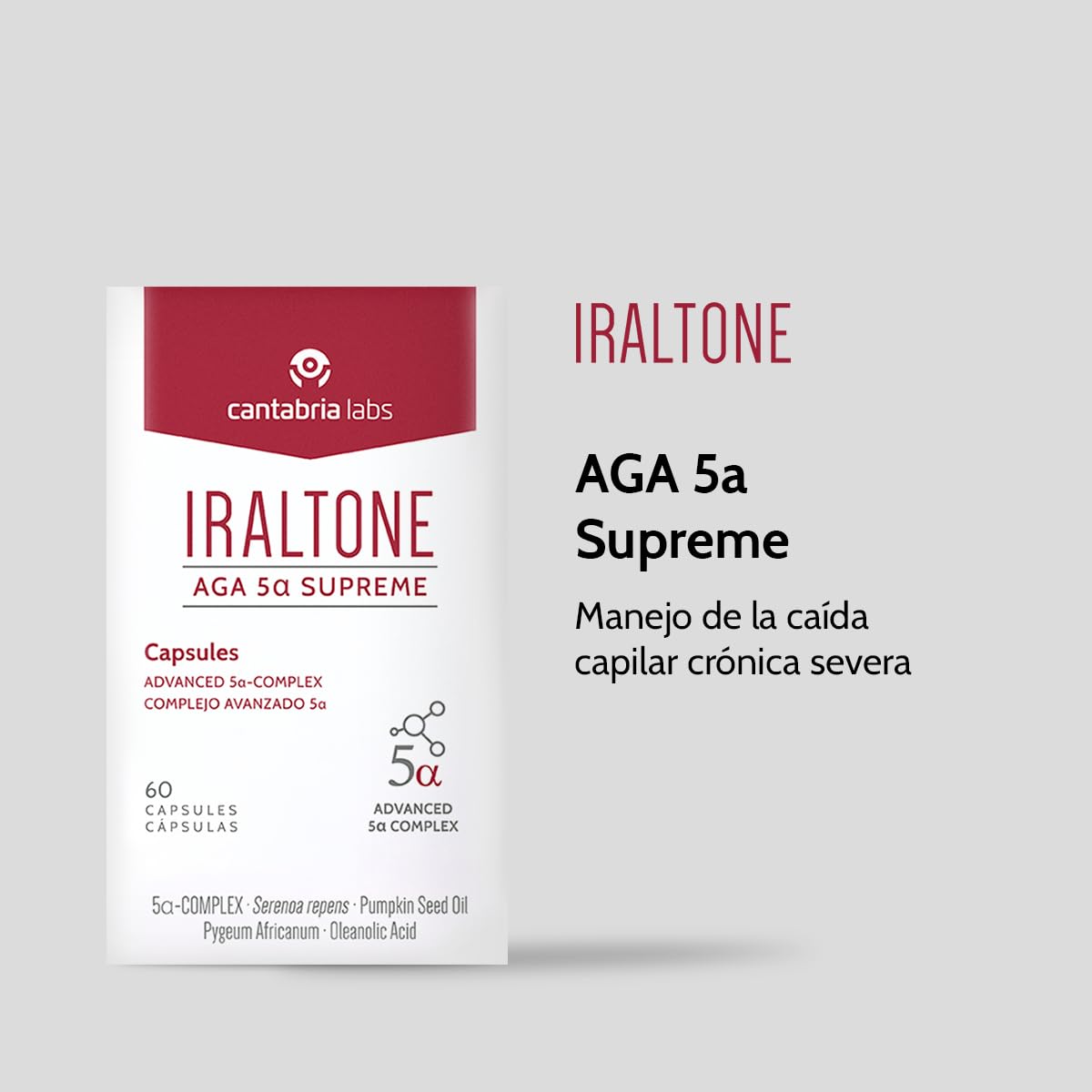 Cantabria Labs - Iraltone AGA 5α Supreme - 60 Cápsulas - Formulado para el manejo de la caída capilar crónica severa - Complemento alimenticio - Sin Gluten y Lactosa