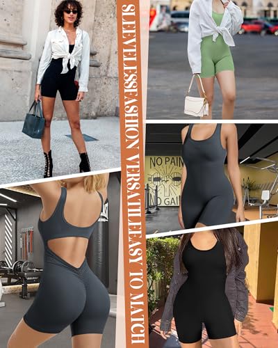 AURUZA Jumpsuits for Women, Workout V Back Rompers for Women Seamless One Piece Tummy Control Jumpsuit Scrunch Butt Yoga Short, M, Black