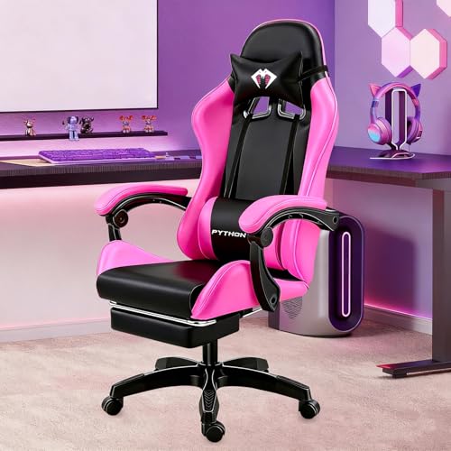 Cadeira Gamer com Design Moderno e Cores Contrastantes, Apoio de Cabeça e Apoio Lombar Ajustáveis – para Jogos, Estudo e Presente (Preto e Rosa)