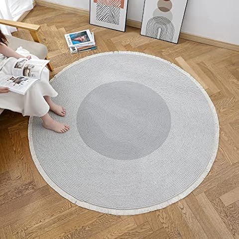 MVSUTA Boho Tassel Gray 48" Round Washable Chic Bohemian Indoor Hand Woven Cotton Cord Circle Carpet for Living Room Soft Grey Area Rugs,4' Round Cover