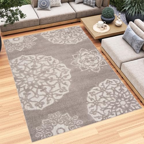 TAPISO Patio Teppich Outdoor Indoor Beige Grau Blumen Ornament Sisaloptik Strapazierfähig...