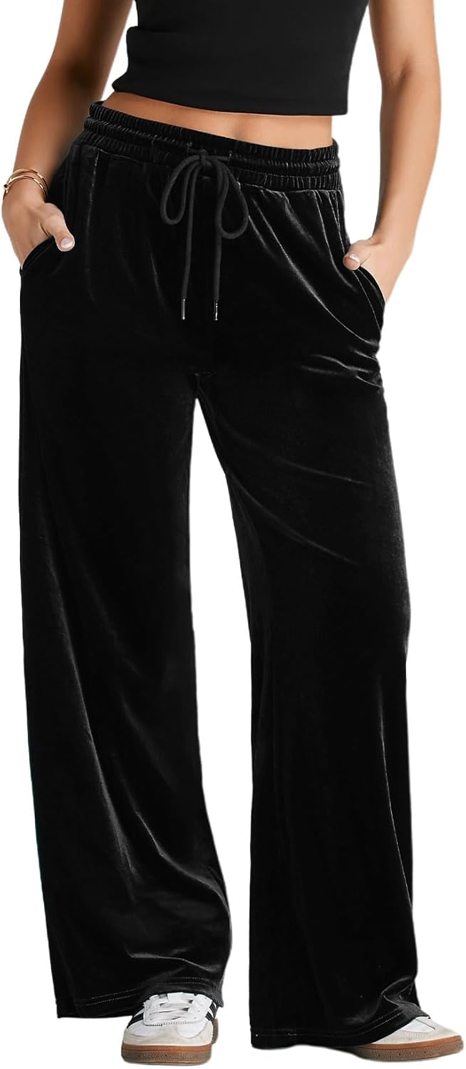 Herseas Women's Velvet Pants Drawstring Waist Wide Leg Casual Lounge Pant