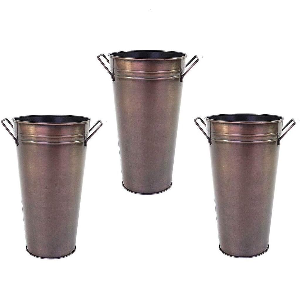 Hosley Set of 3 Antique Bronze Galvanized Floral Vases French Buckets 5" Dia x 9" H with Handles Vintage-Inspired Rustic Elegance for Floral Arrangements Home, Events, and Weddings