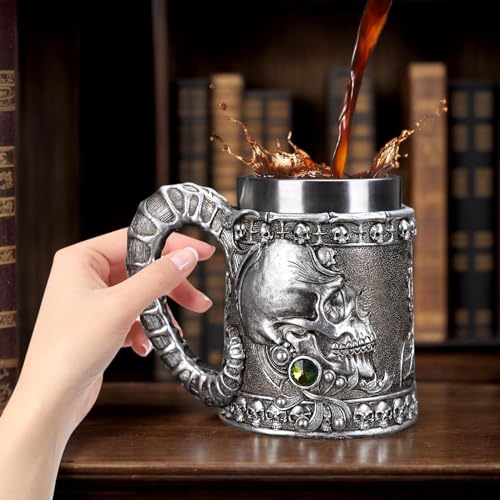 Taza de café del cráneo gótico y tazas de cerveza de acero inoxidable con asa 8