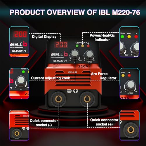 Image of iBELL M220-76 Inverter ARC Welding Machine 220A | Built-in Hot Start, Anti-Stick & Adjustable Arc Force | Heavy Duty IGBT Welder | 220V ±15% | Supports 1-5mm Electrodes- 2 Year Warranty