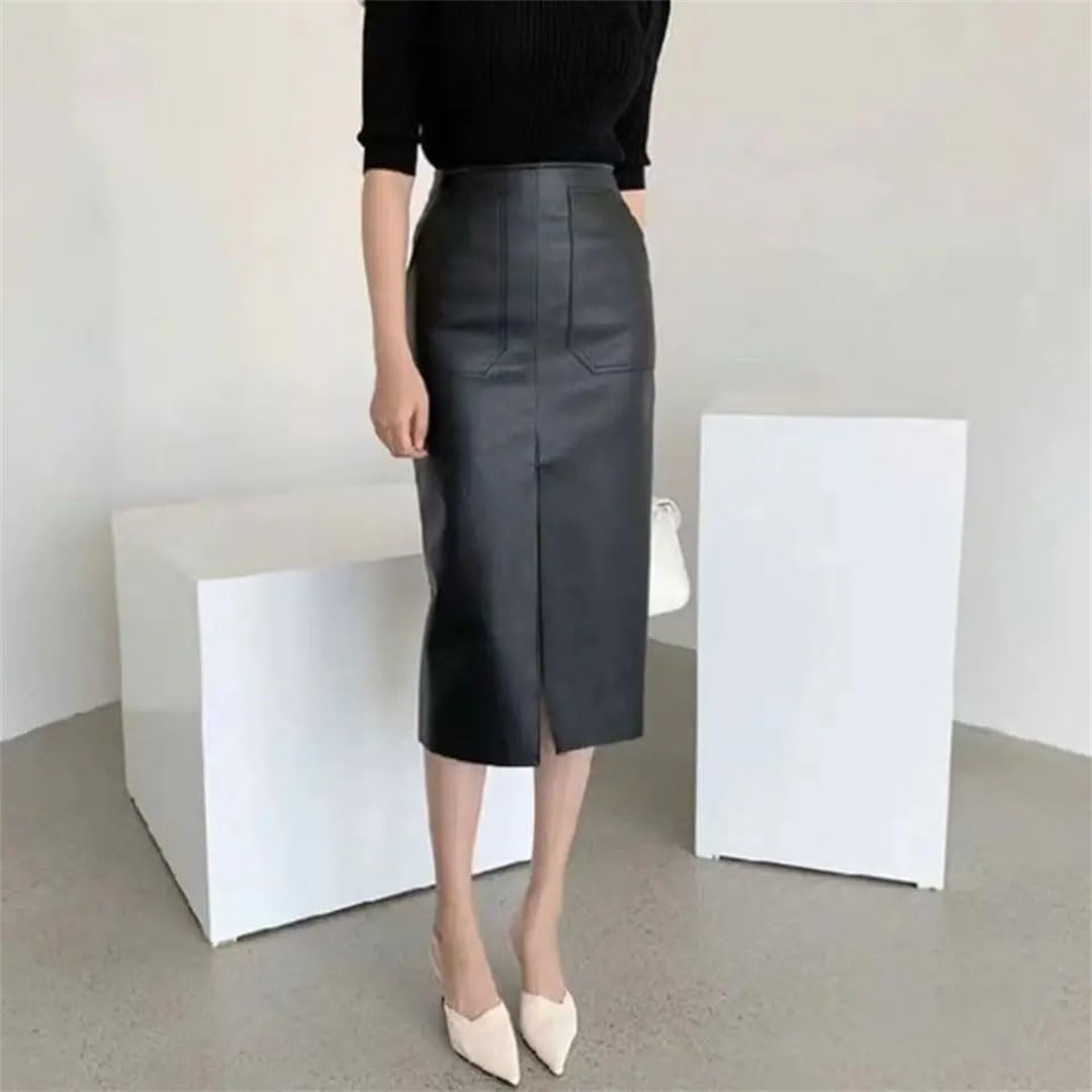 Alloaone Falda Midi De Cuero De PU para Mujer Bolsillo De Cintura Alta con Pliegue Informal Largo Dividido