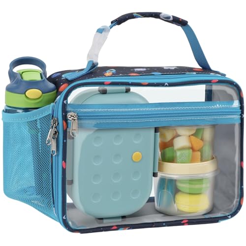 Bagseri Clear Kids Lunch Bags - Boys Lunch Box for School Reusable Snack Bag with Water Bottle Holder Stadium Approved Clear Bag, Dark Blue Space Astronaut